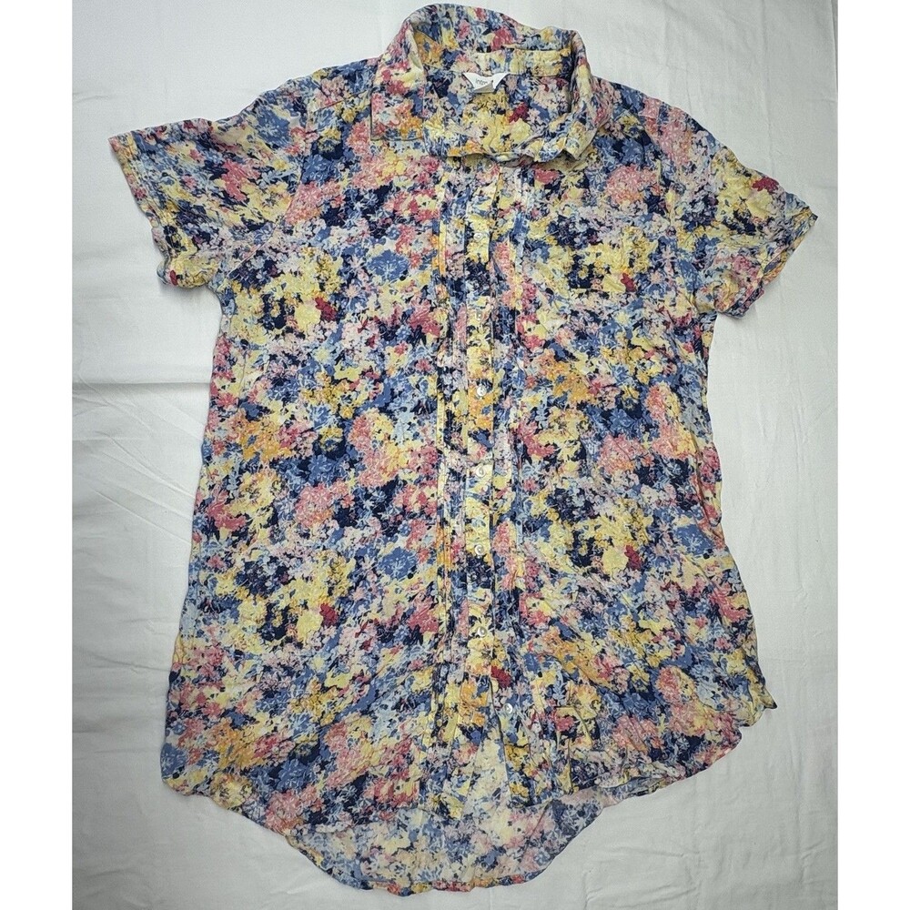 Intro Womens Floral Button Front Blouse Medium Blue Pink Yellow Short Sleeve Ray